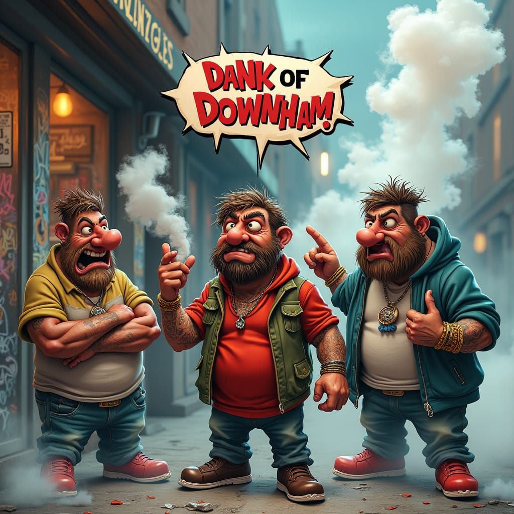 Grotesque Cartoon Men in Vibrant Ghetto Scene