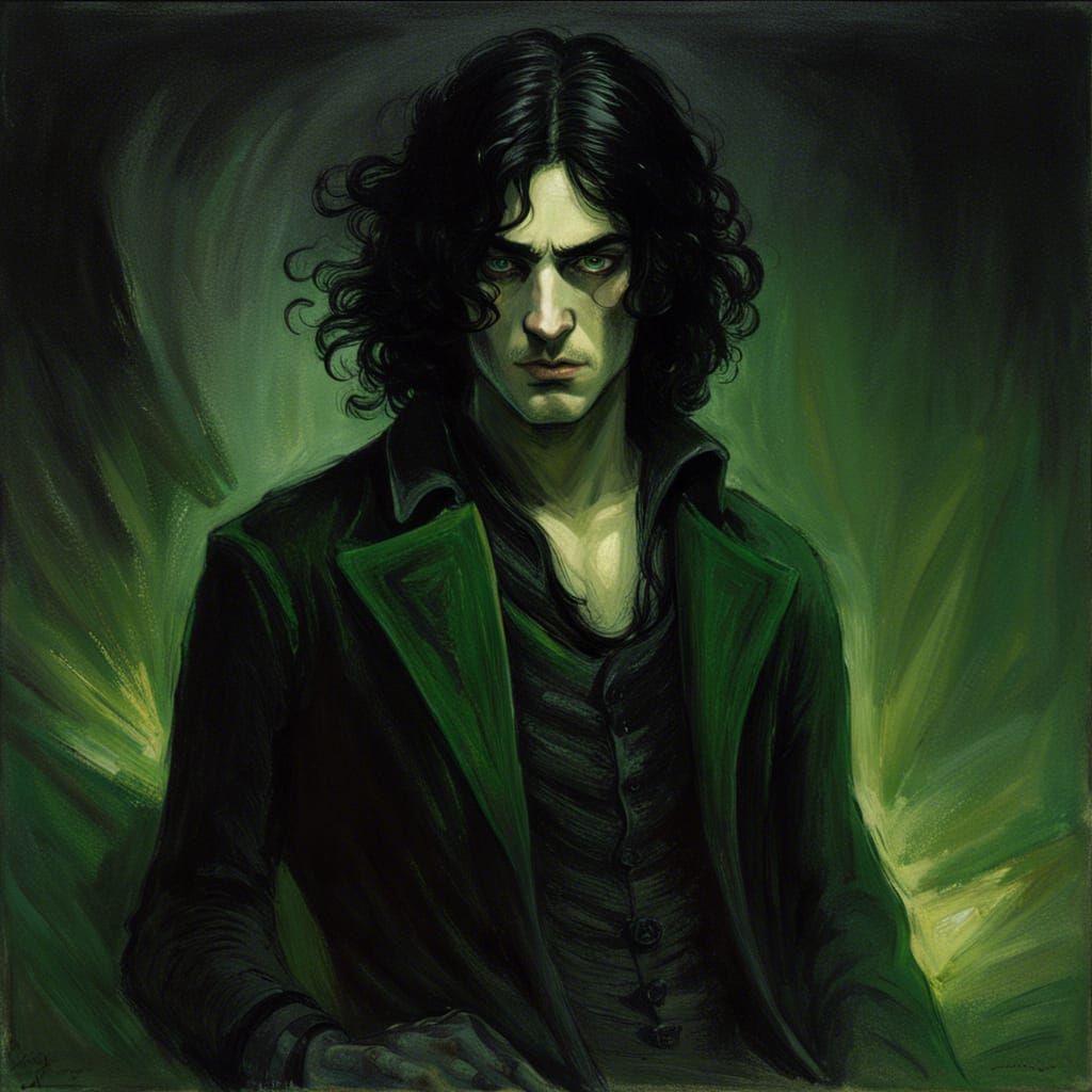 young man, shoulder-length black hair, intense green eyes