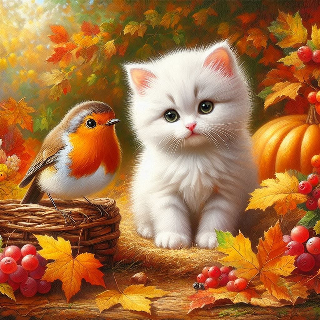 Cute cat and robin