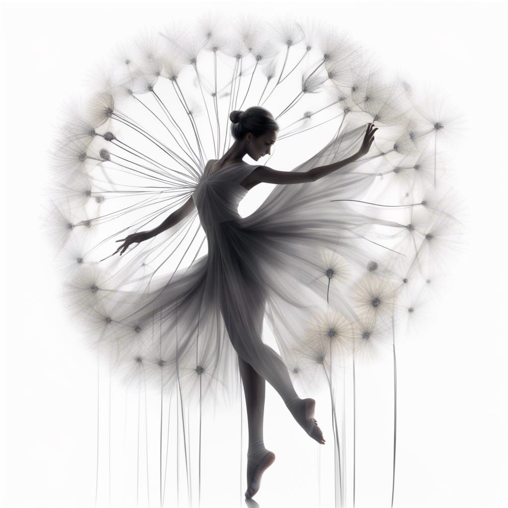 Double exposure dandelion glints of silver white background with in the dandelion in shades of grey a slender dancer reaches up