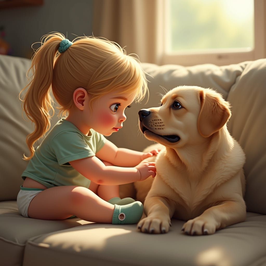 Baby girl petting her dog. with the dog holding back from licking her