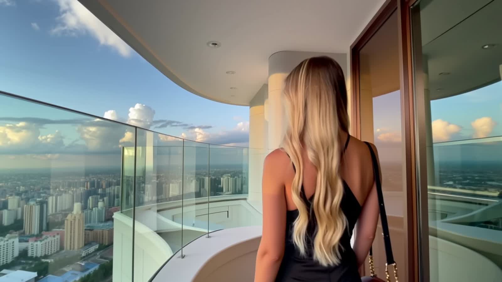 Ein glamouröses junges Mädchen mit blonden Haaren und voluminösen Strähnen steht am Rand eines Penthouse-Hochhauses mit ...