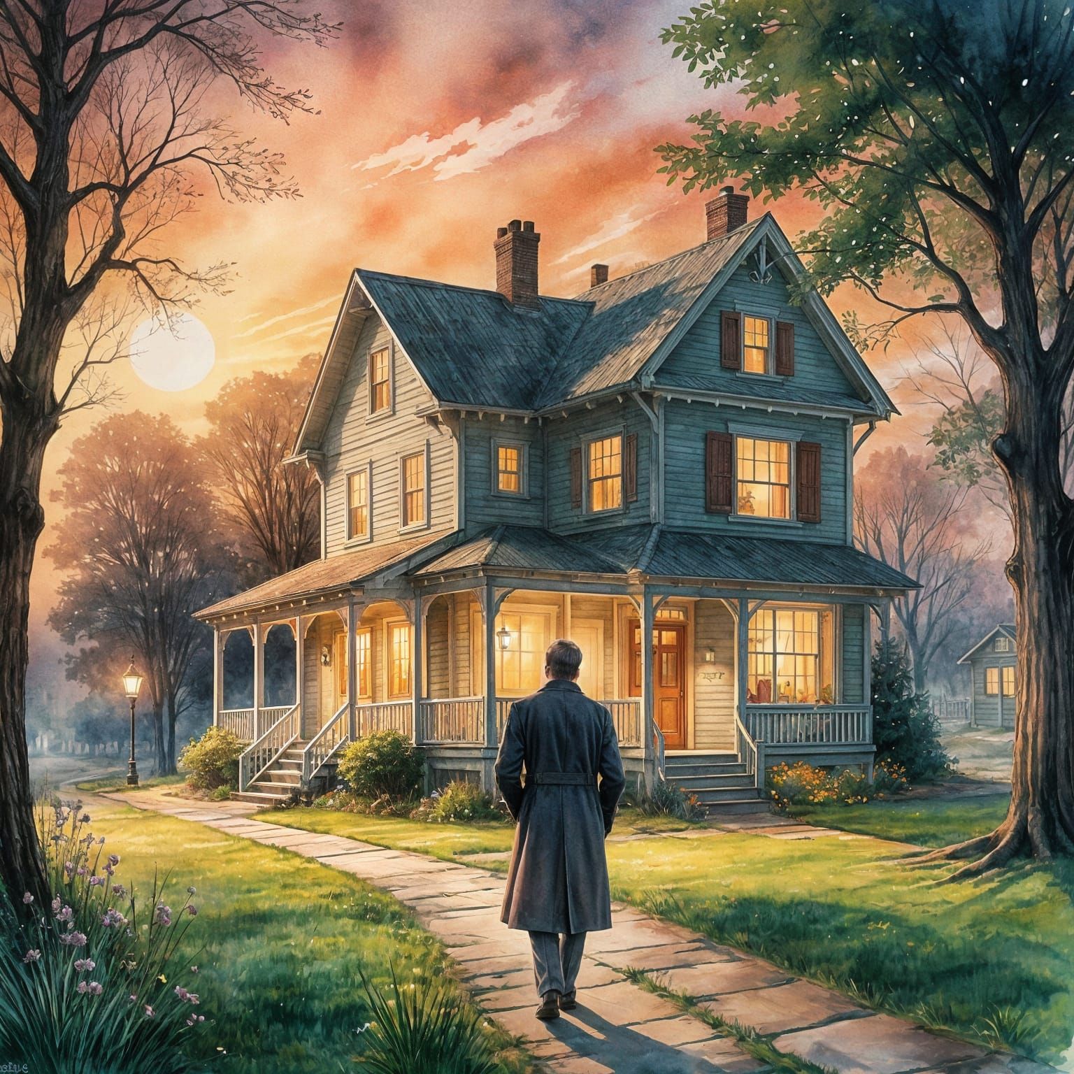 Fairytale Watercolor House at Sunset