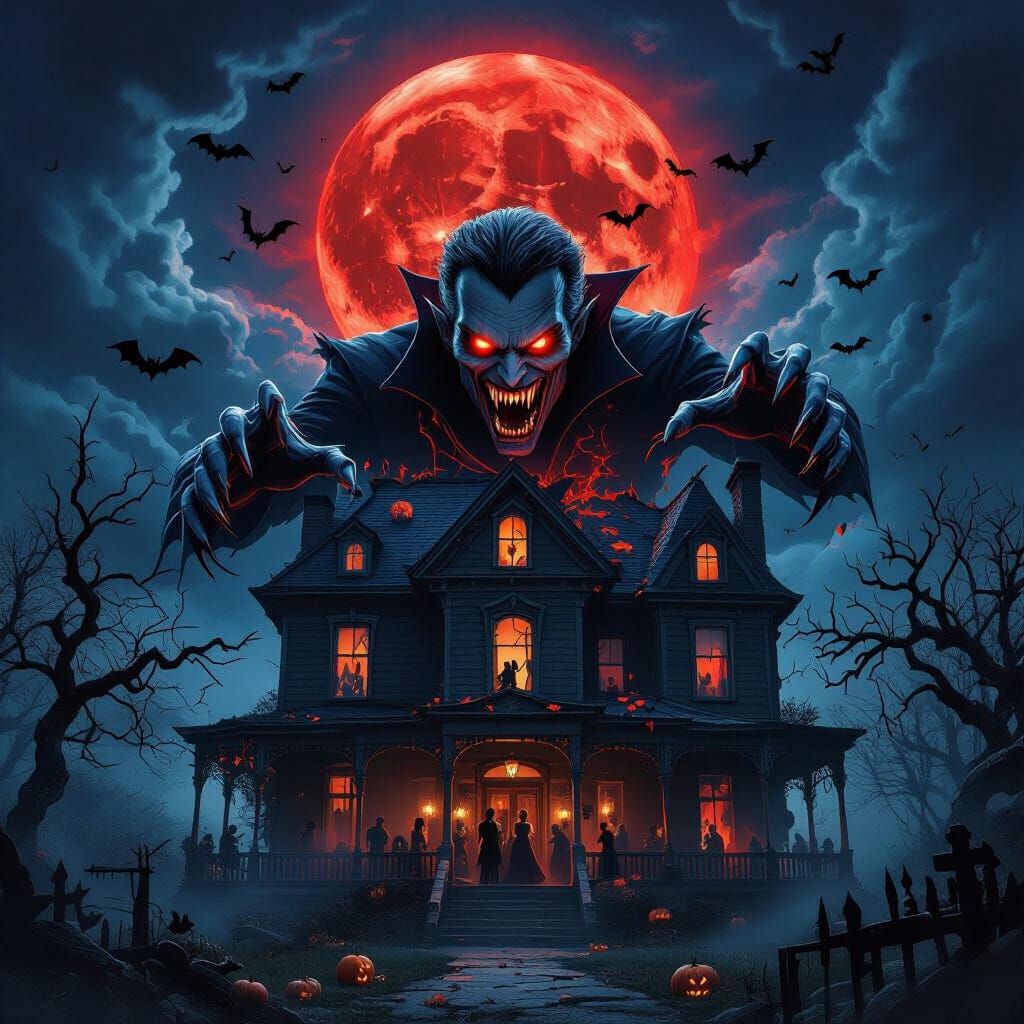 hyper-realistic horror Halloween night scene for a house party poster, set under a blood-red full moon and swirling storm clouds. A massive,...
