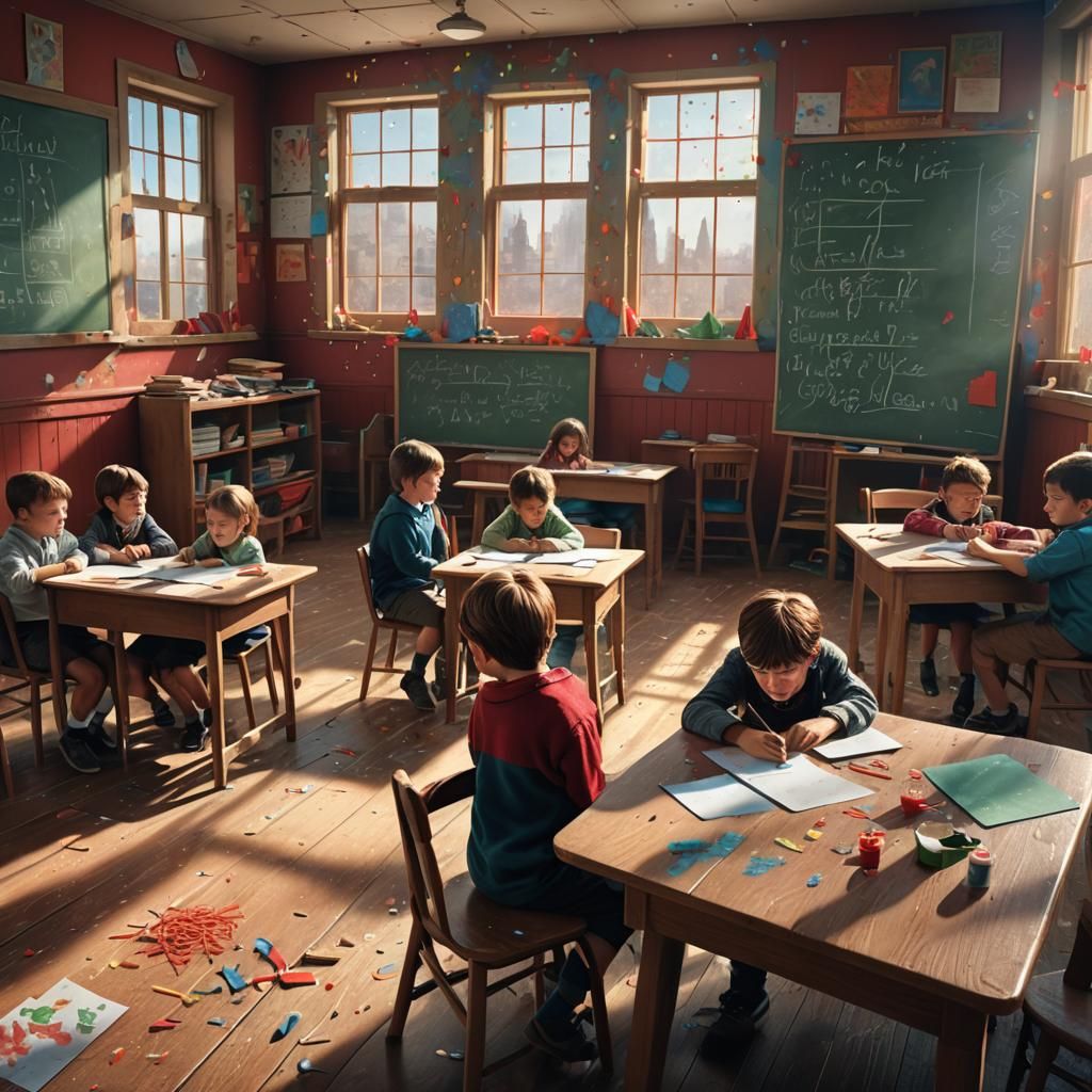 Chaotic Classroom Scene in Detailed Matte Painting