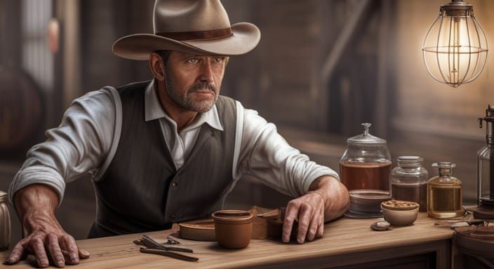 in the old west, cowboy leaning against the saloon counter l...