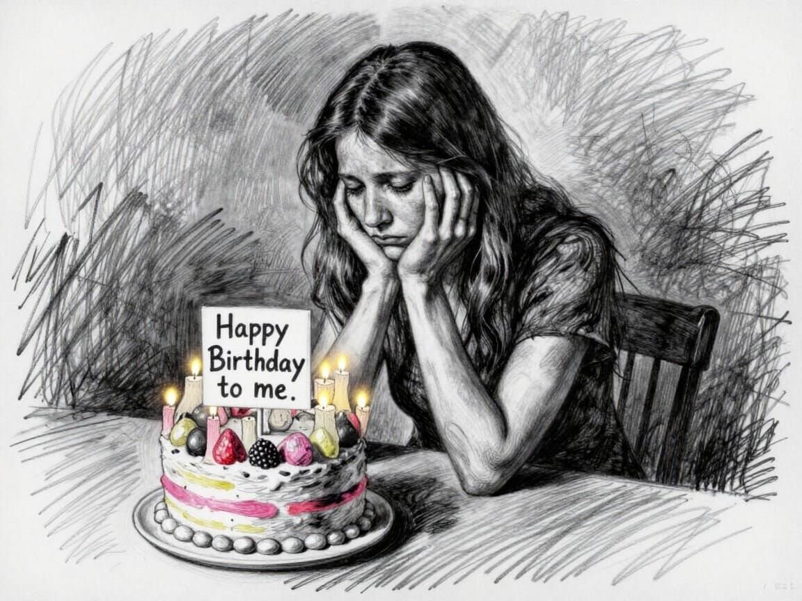 Sad Woman Alone With Birthday Cake Charcoal Drawing