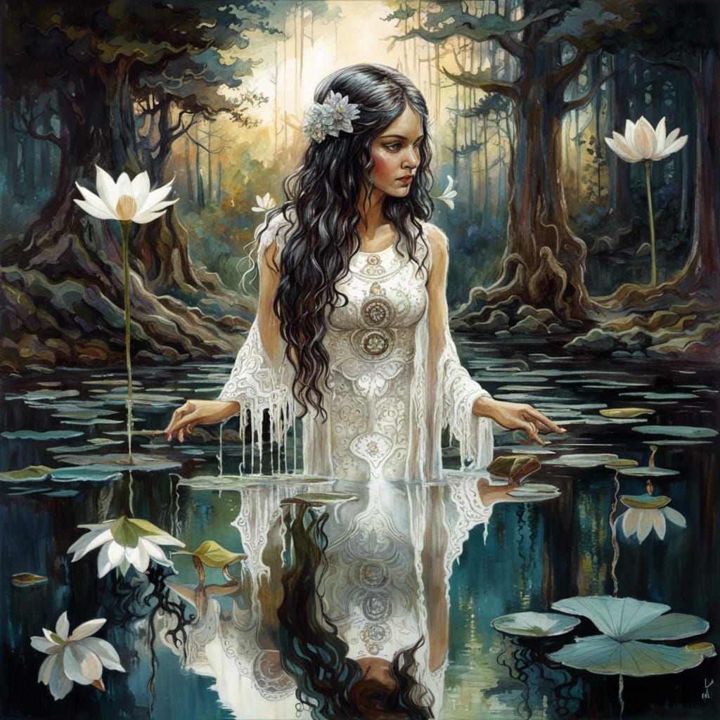 Ornate Greek Goddess Reflecting in Lotus Pond