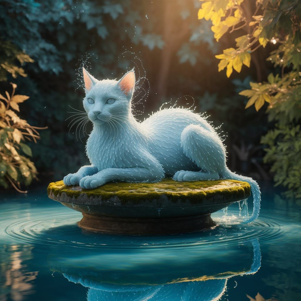 A cat made entirely of shimmering blue water, its body gently rippling as it moves, tiny droplets floating around it.
