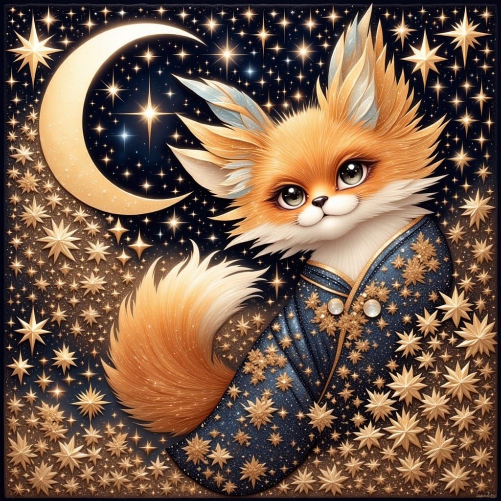 Ornate fox in kimono under crescent moon, gold embroidery, Japanese art style