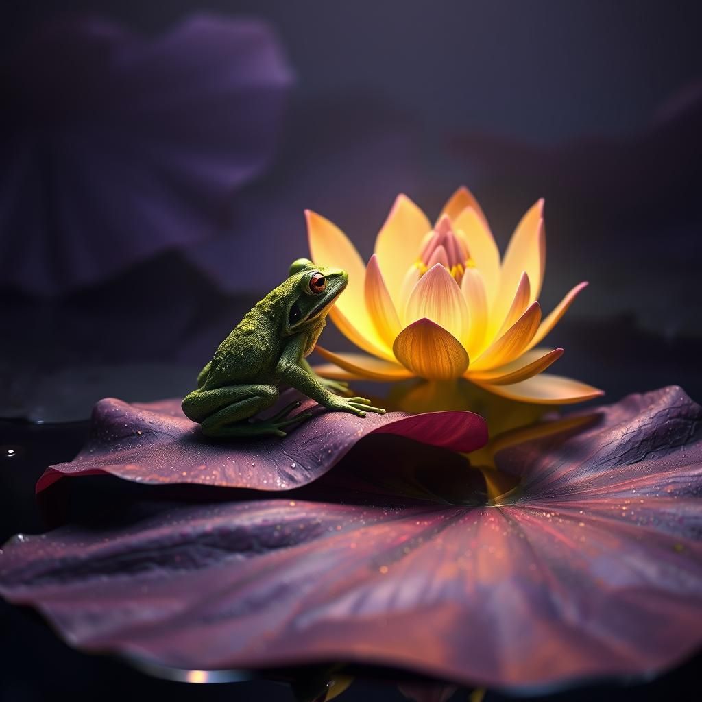 a frog admires a lotus flower on a huge water lily leaf