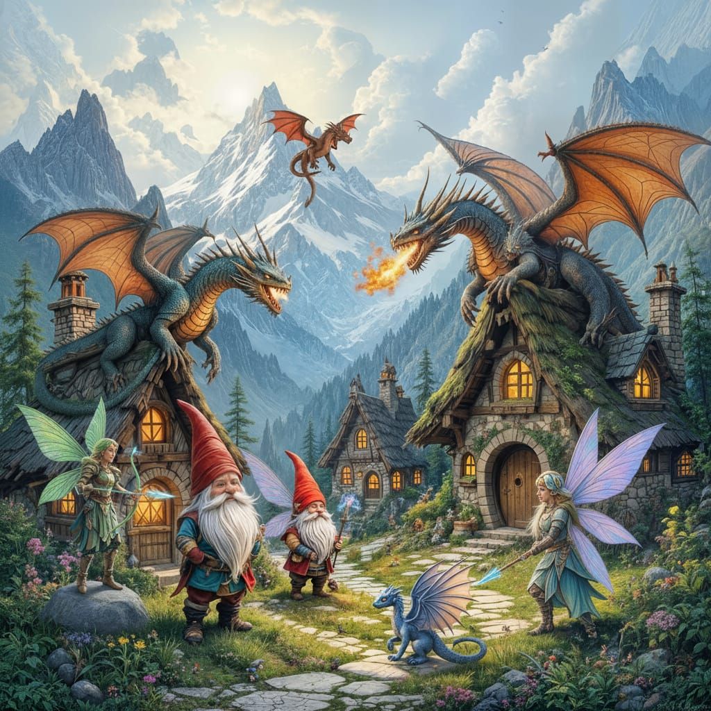 Village of gnomes in mountains being invaded by dragons and ok protected by fairy warriors.