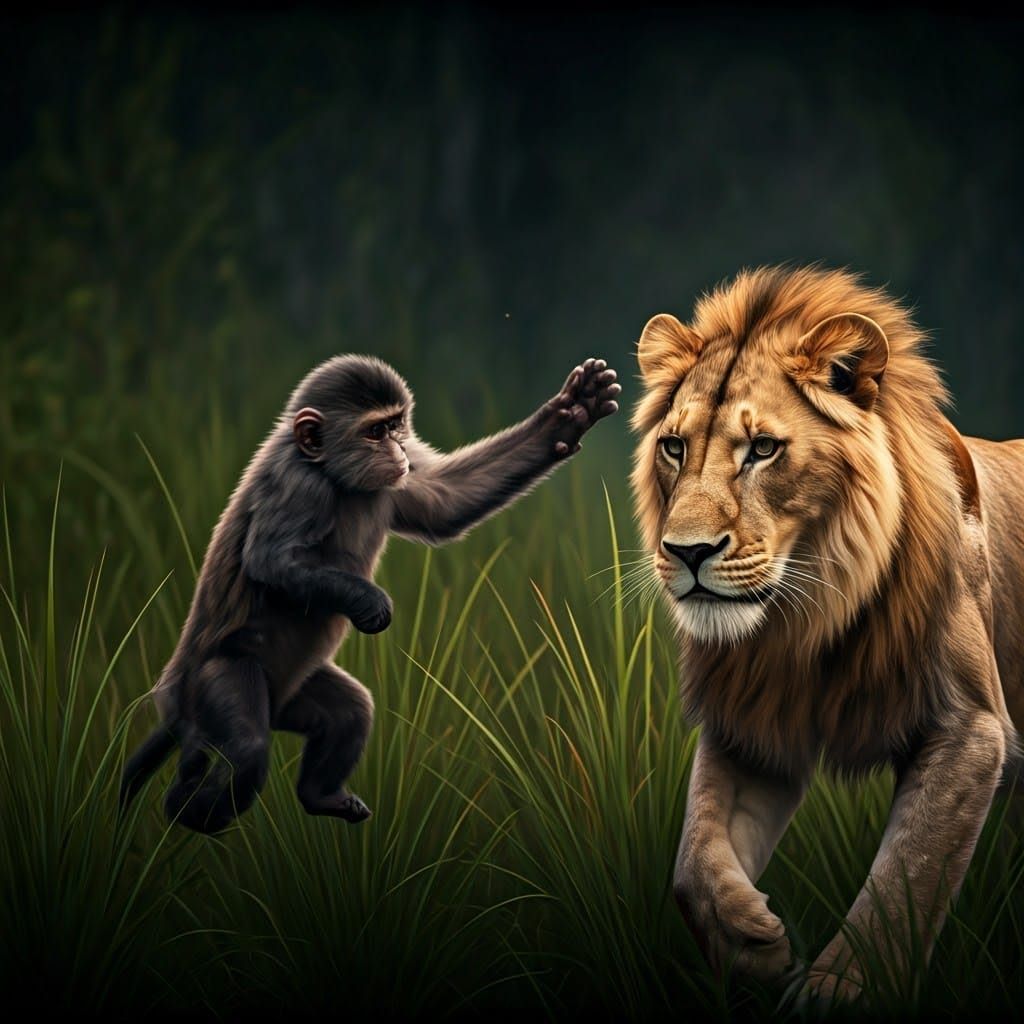 Cinematic Lion Saves Monkey in Epic Drama