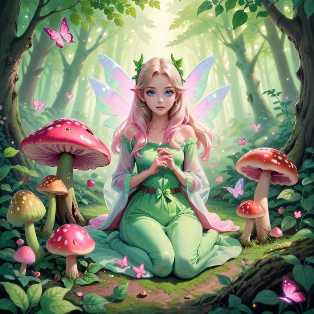 Enchanting Fairytale Scene with Mushrooms and Fairies