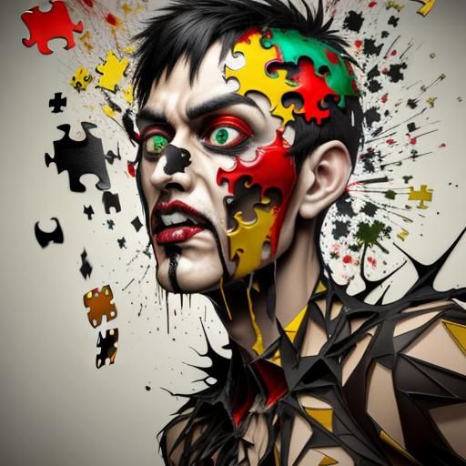 a painting of a man with green paint on his face, cyberpunk art, by Camilo Mori, surrealism, split in half, artgrem, album art cover, cracke...