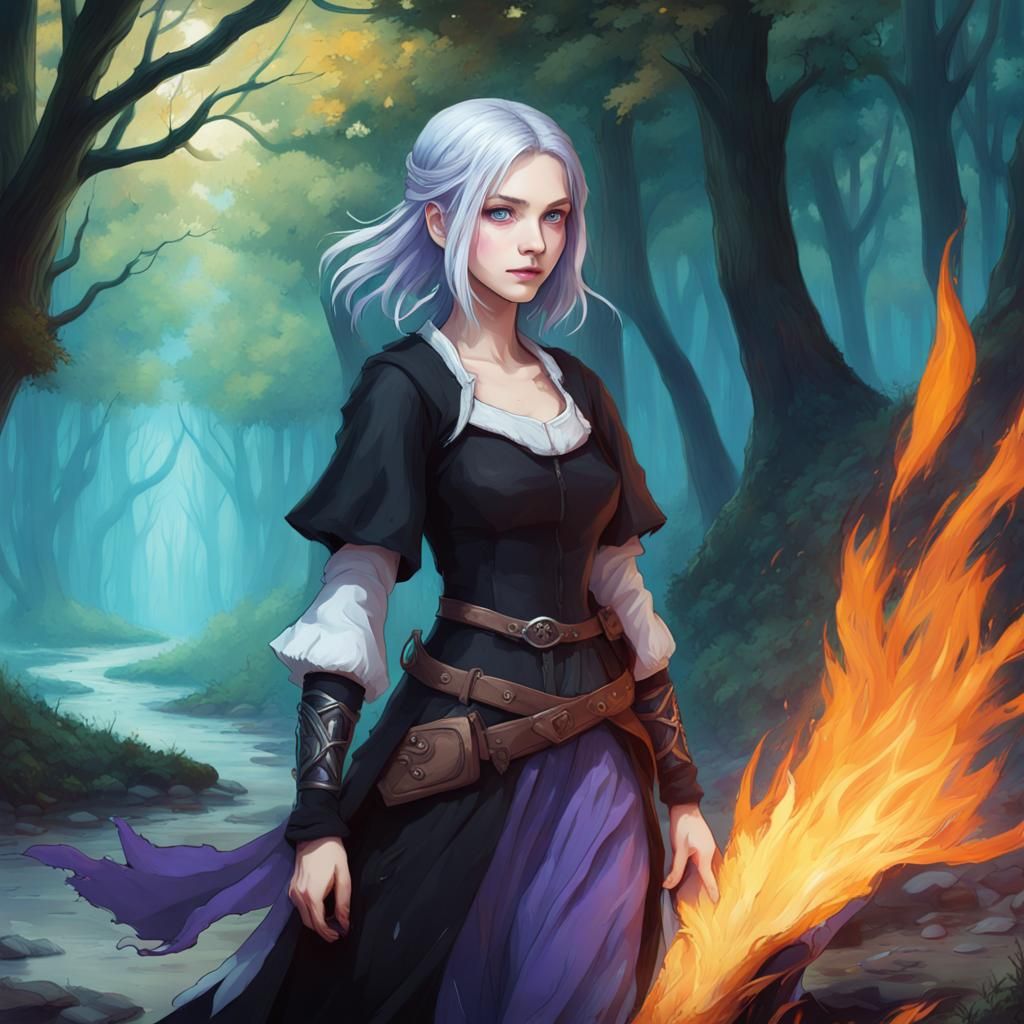 medieval, Forest, A young woman with pale skin and silver violet hair ...