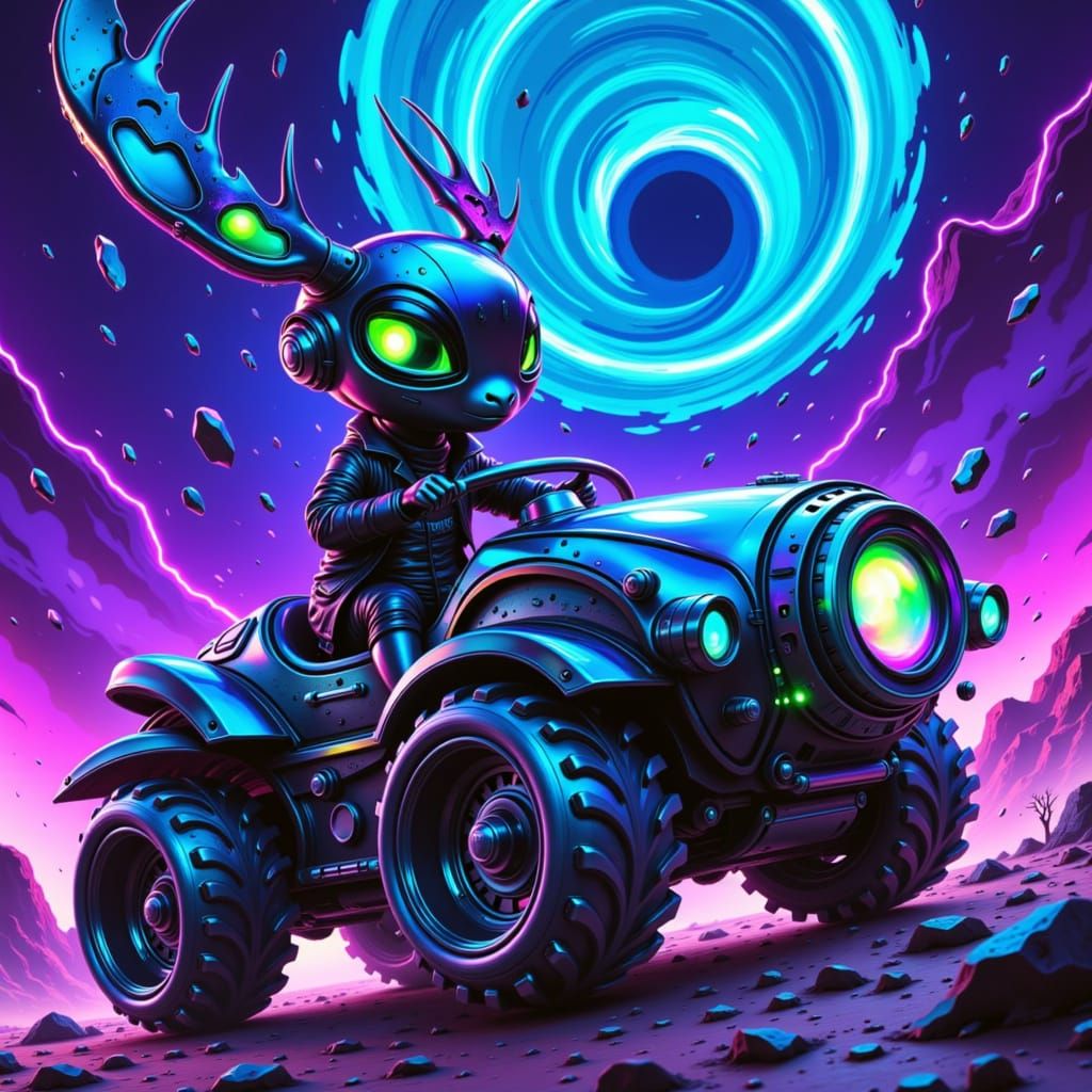 A furious, chibi Moose alien with fluffy, furry, feathery features, large sparkling eyes, and a dynamic, exaggerated facial expression, clad...