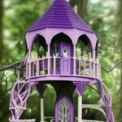 Legendary dreamy gothic purple treehouse with purple blossoms in the