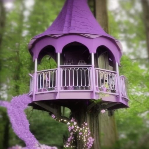 Legendary dreamy gothic purple treehouse with purple blossoms in the