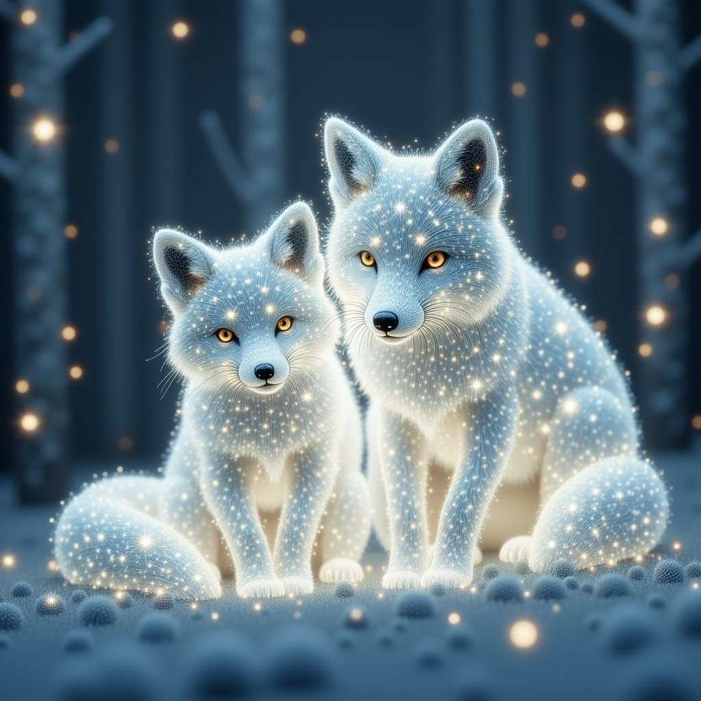 <lora:Magical Stars Flux:1.0> String art style, made out of string, Expansive, full body view, a cute and adorable fluffy baby white fox and...