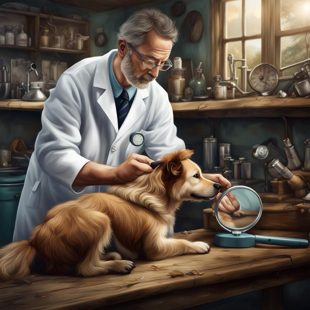 A dedicated veterinarian carefully examining a dog's tail th...