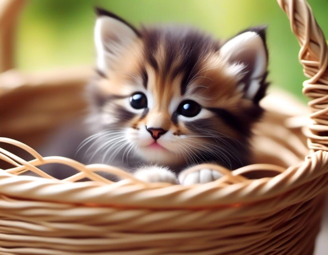 mixed media photography A cute little kitten cuddled up in a basket  photorealistic, light-focused, natural lighting, detailed fur, closed...