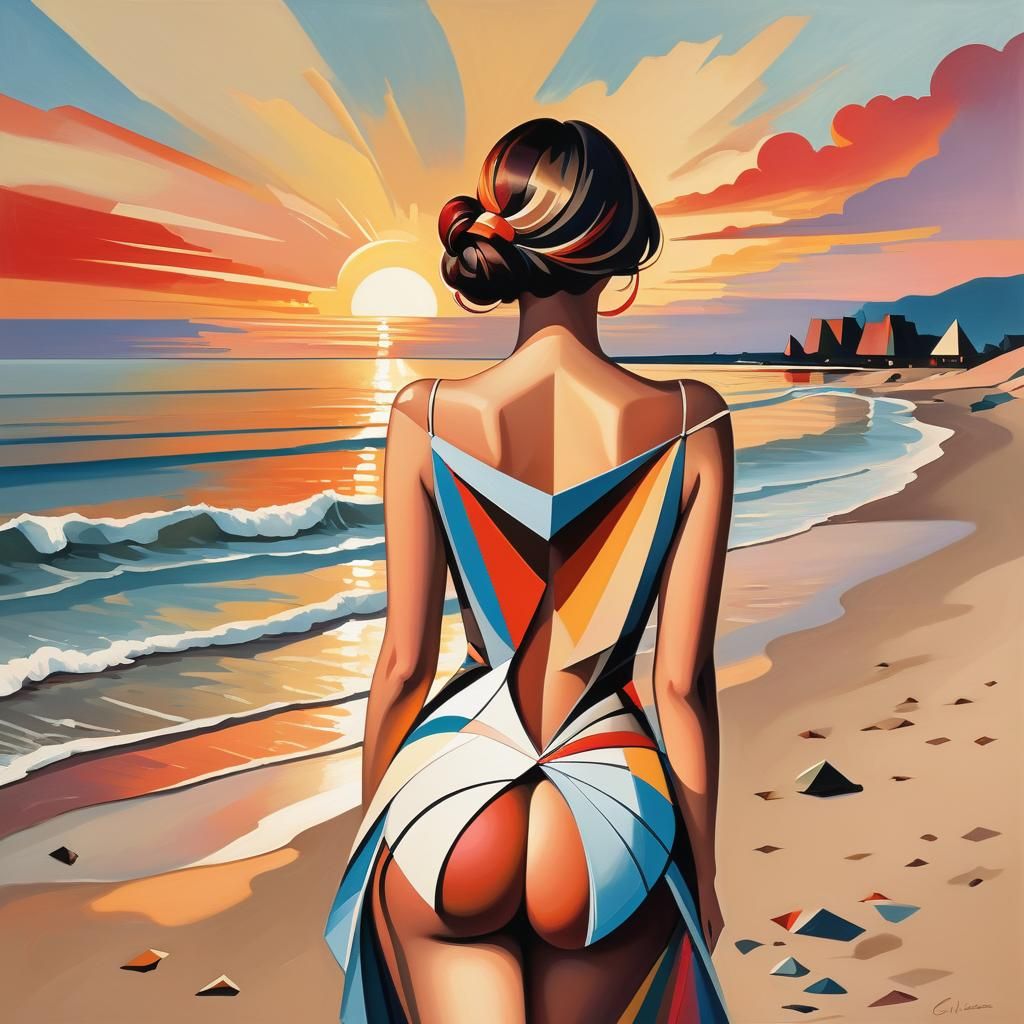 woman on beach with her back to the camera looking at the su...