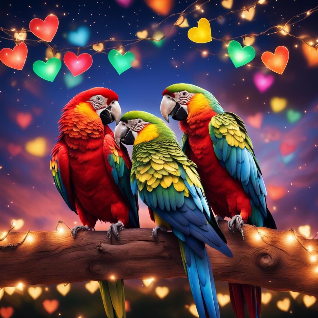 Colorful parrots in the heart-shaped sky, fairy lights in th...