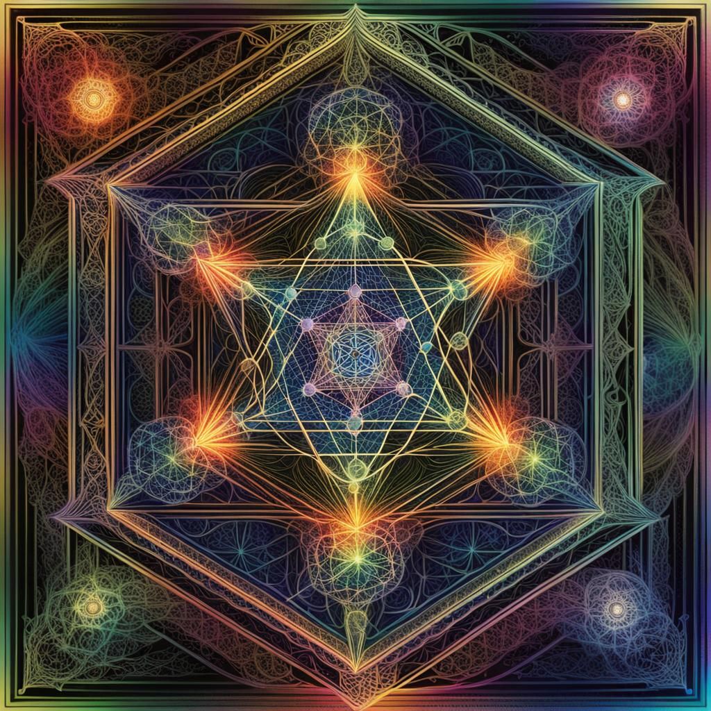 metatron's cube sacred geometry, beautiful with dark rainbow colors, intricately detailed  by @StoryPictures