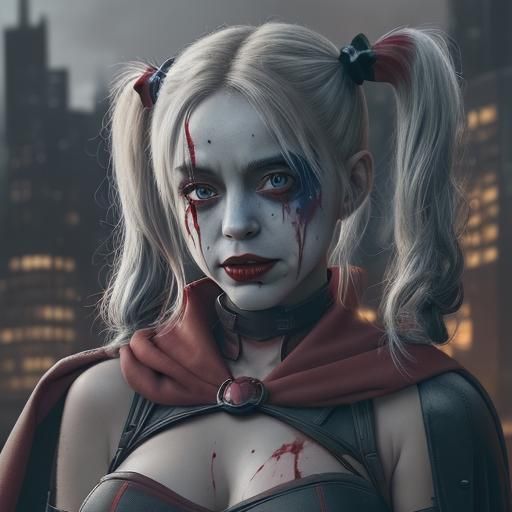 Harley Quinn with red and blue pigtails and blood on her face - AI ...