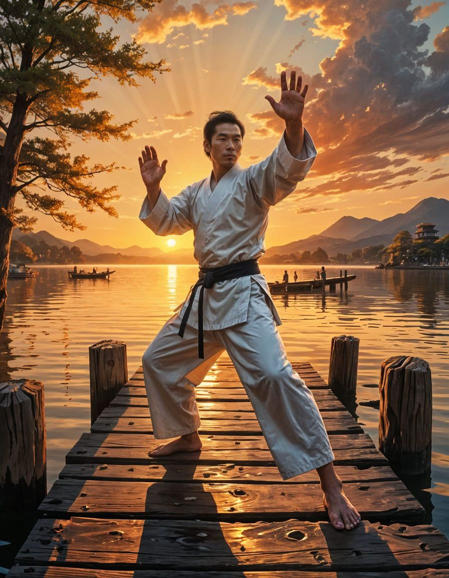 Atmospheric  portrait of an Asien master of Karate exercising On an old wooden jetty in the harbor of ...  by @Tolino