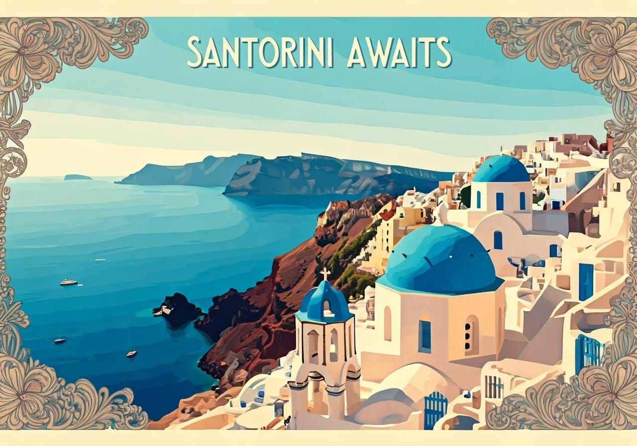 Santorini Sunrise
Prompt: "A vintage travel poster for Santorini, capturing the charm of this Greek island ...  by @Exo1124