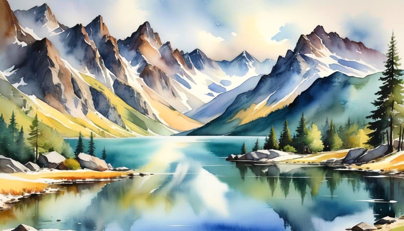 Magnificant Watercolor Mountain Landscape with Lake