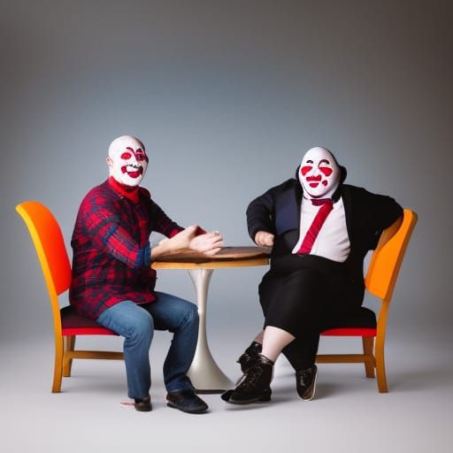 clowns sitting on chairs with a sign saying "cmon, we saved ...