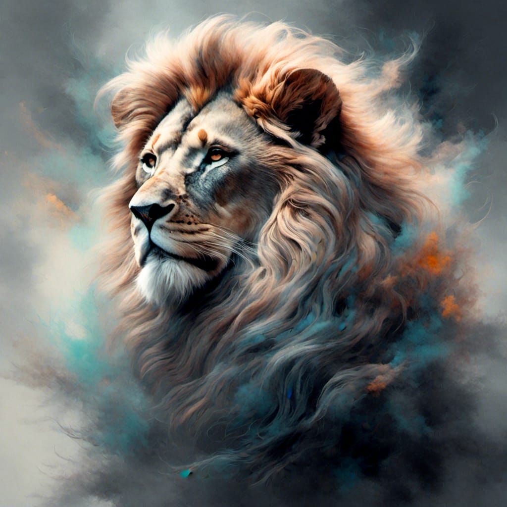 <lora:Wispy Hair:1.0> Impossibly beautiful regal lion with Smokey wispy fur softly disappating, softly disappating Smokey background.
