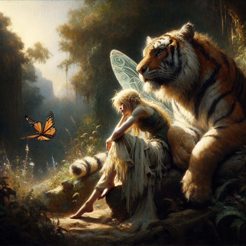 Tired Fairy Sits on Tiger in Rainforest, Oil Painting in Ten...
