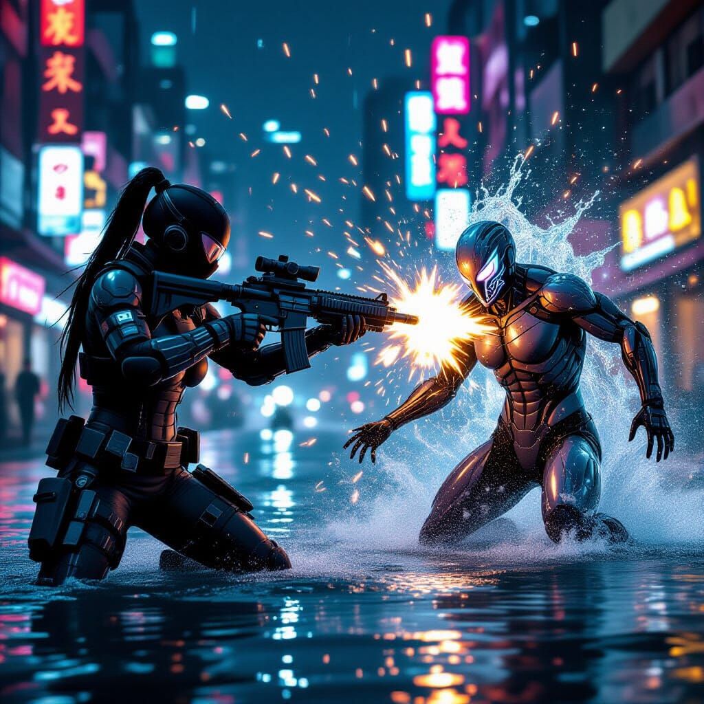 Cybernetic Ninja Attacks Water Creature with Gatling Gun