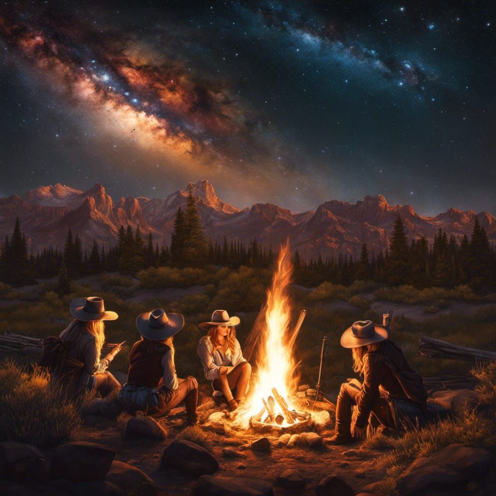 cowgirls campfire under the milky way stars highly detailed, romantic ...