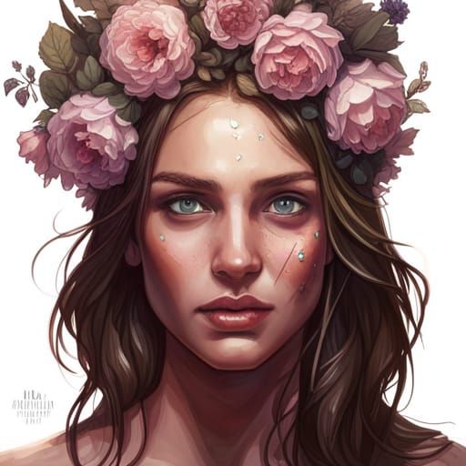 pretty brunette teen with gold eyes, a flower crown, and lot...