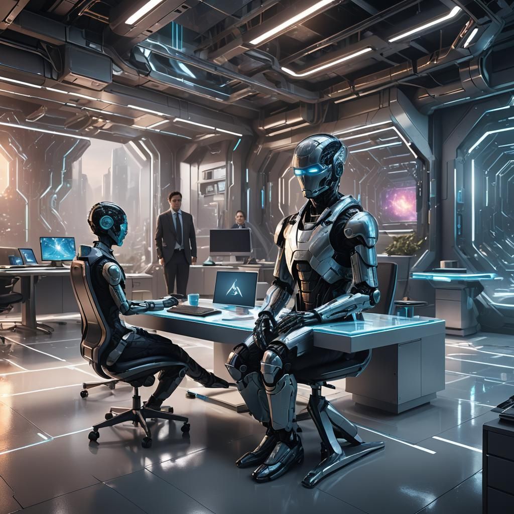 "In a futuristic office environment, a holographic AI apolog...