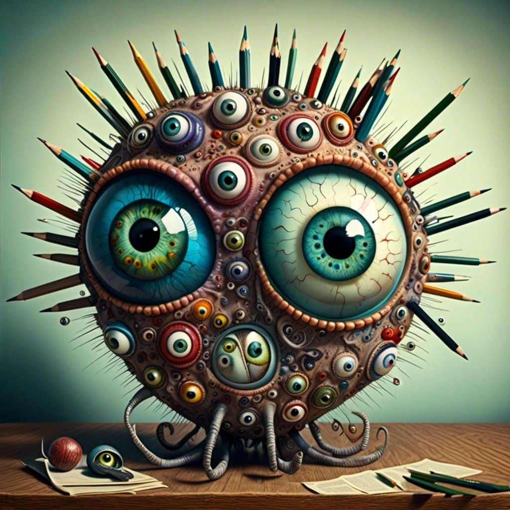 <lora:Crazy Twisted Eyes:1.0> Crazy weird surreal pencil, eyes galore, on a desk, low contrast,