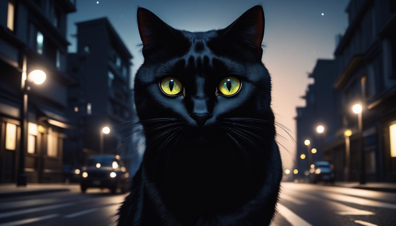 black cat with big eyes in the middle of the street at mid n...