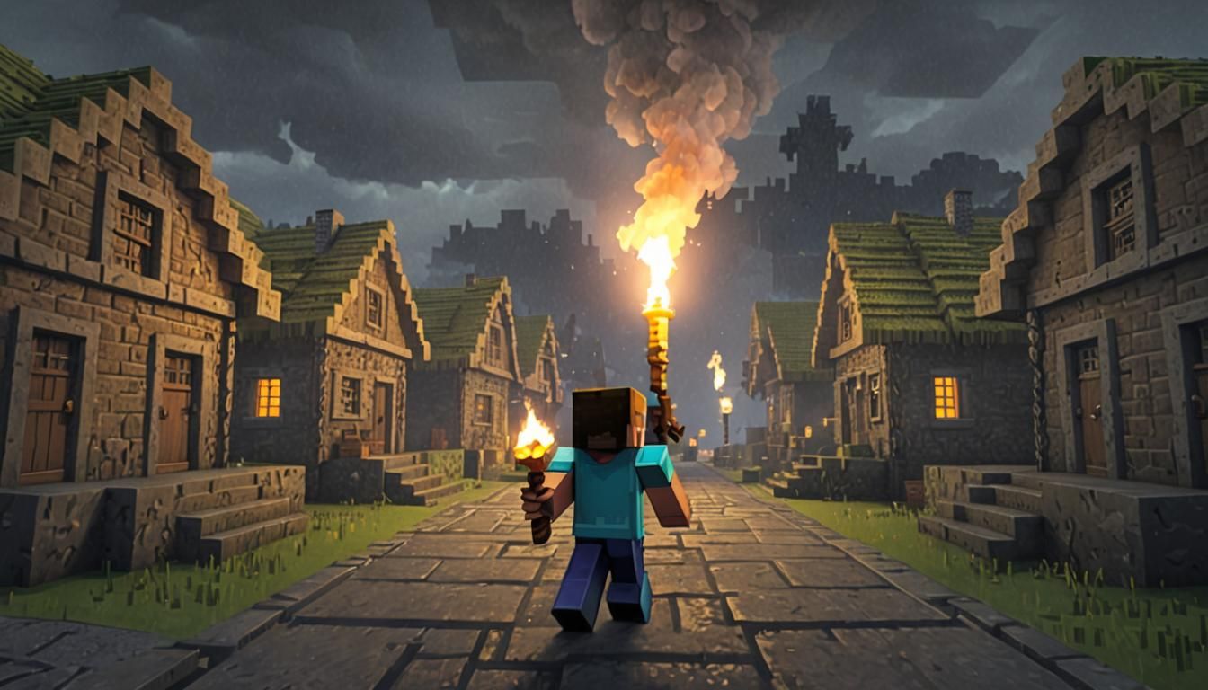 Steve stands at the entrance of an eerily quiet village in Minecraft, surrounded by perfectly intact houses. The buildings are in good condi...