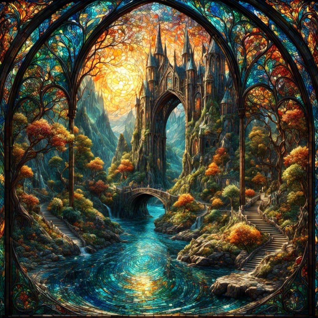 Gothic Arch Stained Glass Fairies in Impasto Style