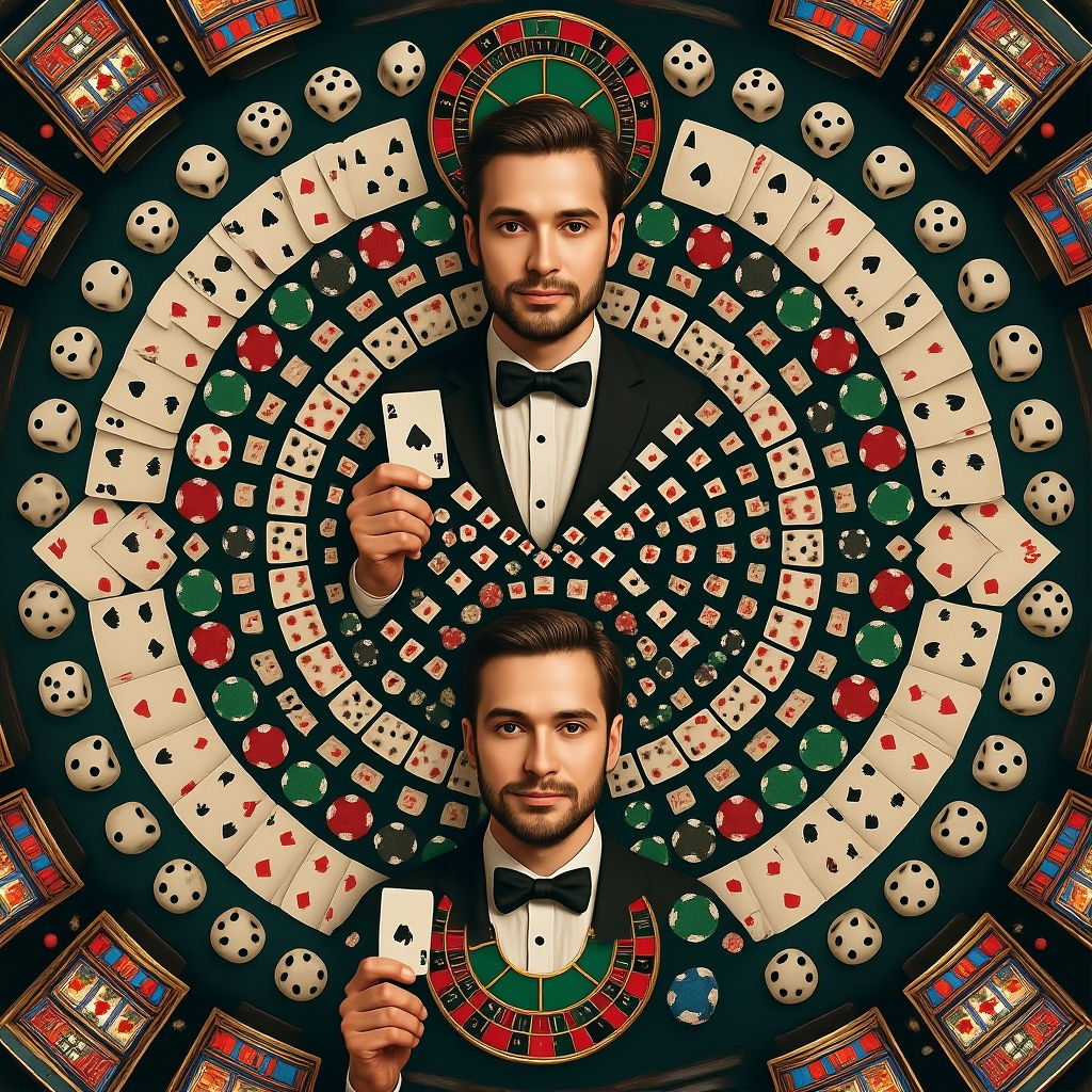 Kaleidoscope Art, centered man in black tuxedo upper body head and shoulders holding up solitaire playing card in hand, man surrounded by le...