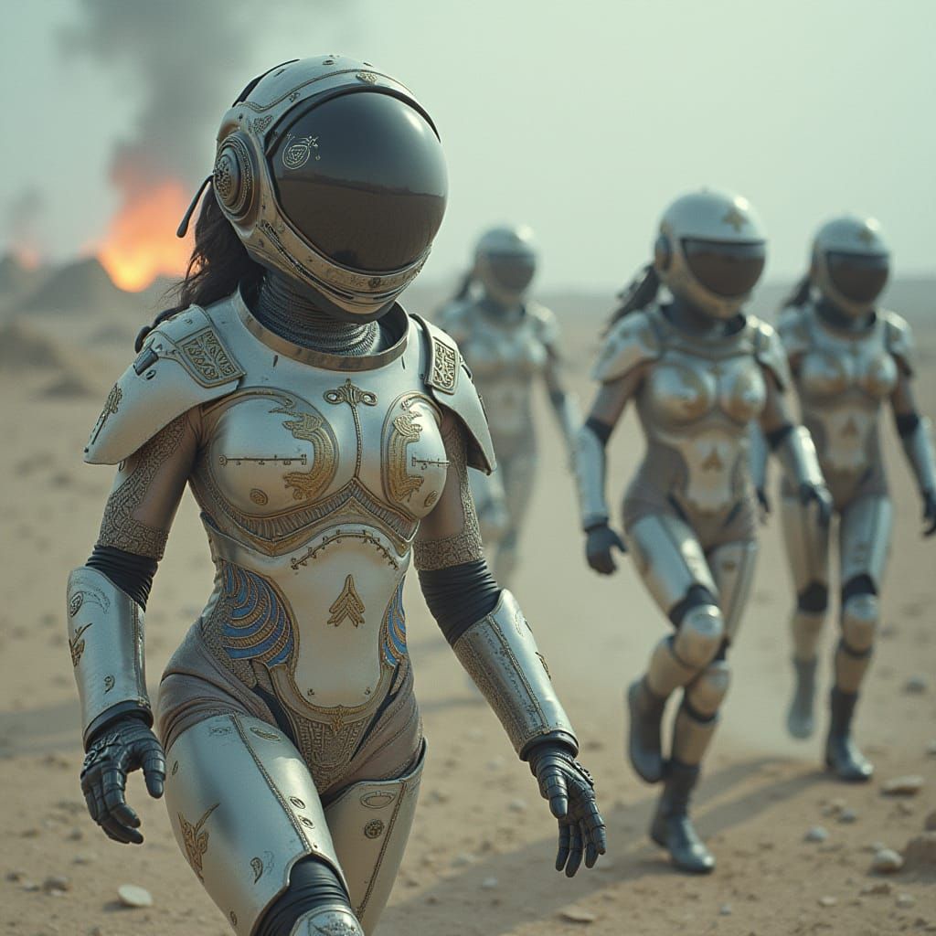 Dramatic shot of Egyptian aviatrice with volcano & galaxy backdrop