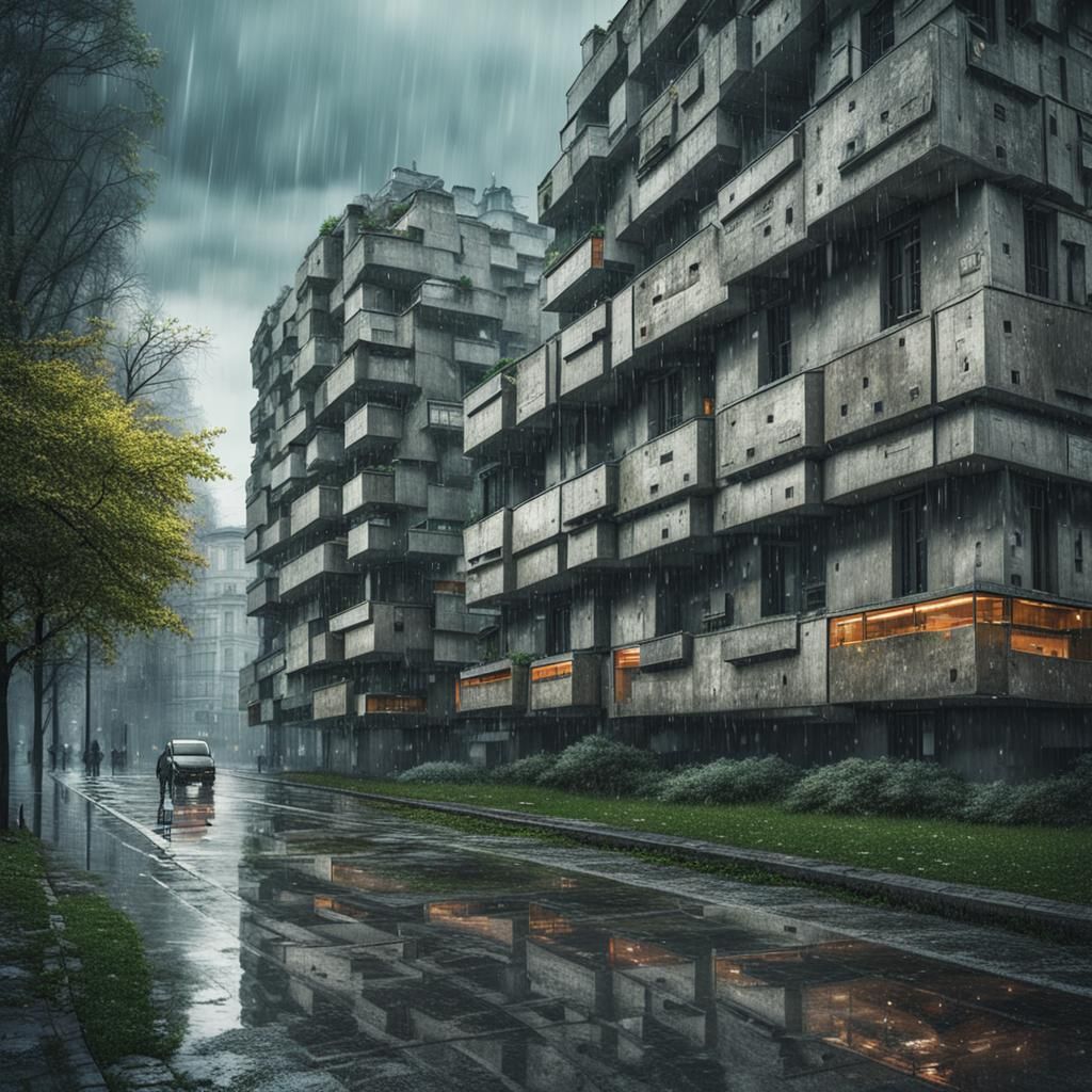 Sofia's Concrete Blocks in Spring Rain: Digital Matte Painti...