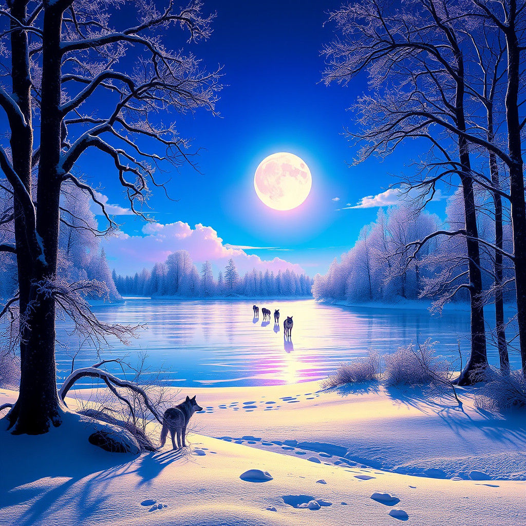 Beautiful blue sky full moon with tall trees and a lake it’s...