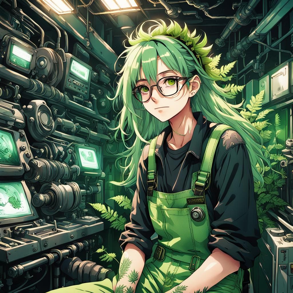 Anime girl with messy long lime green hair and bright green ...