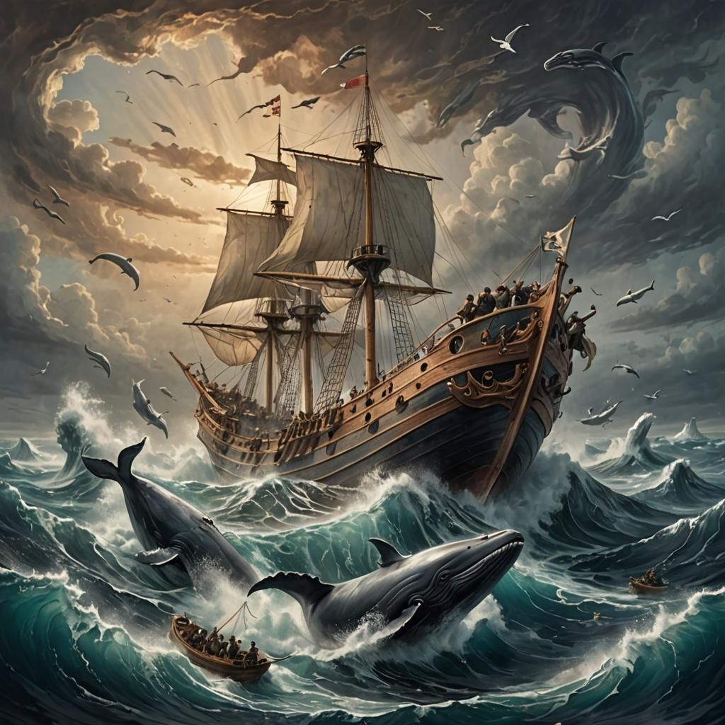 Surreal, fiction: A whaling boat with sails is rammed by a w...